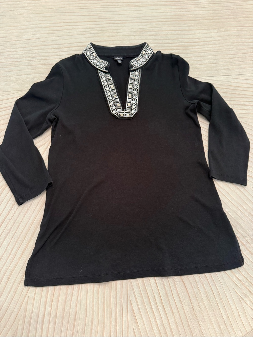 Rafaella Black Tunic with Embroidered Jewel Contrast Neckline Cotton Knot